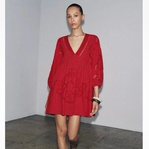 NWT Zara Embroidered Dress Red Size L